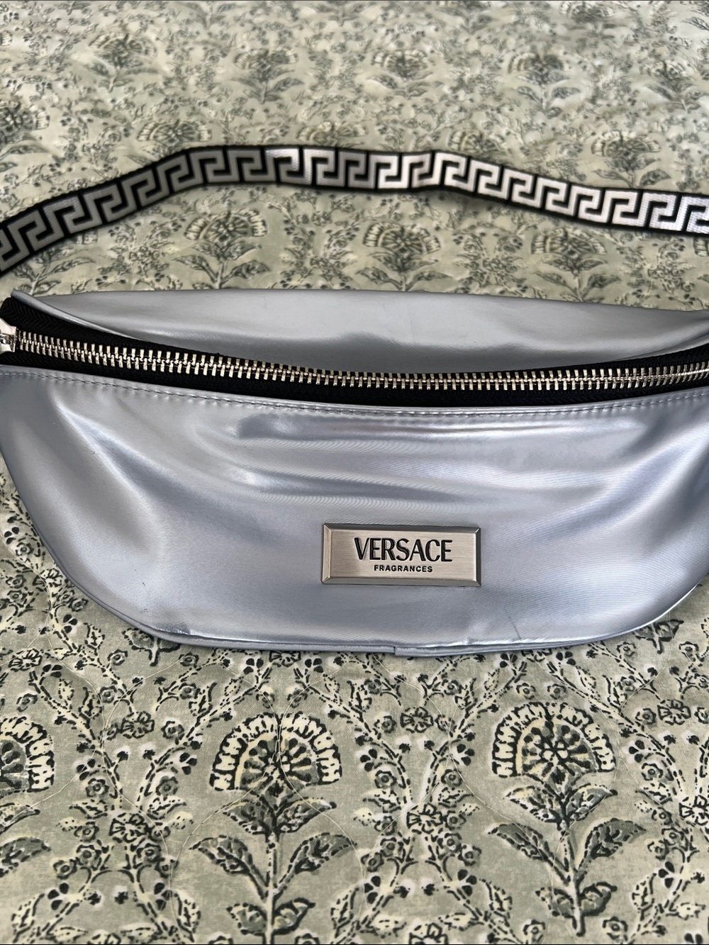 Versace Iridescent Silver Logo Belt Bag with Greek Key Strap